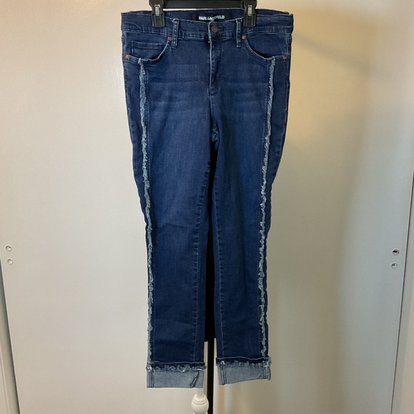 14. Karl Lagerfeld Blue Skinny Jeans Classic Style Fringe Trim 5 Pockets Size 10 - Picture 1 of 5